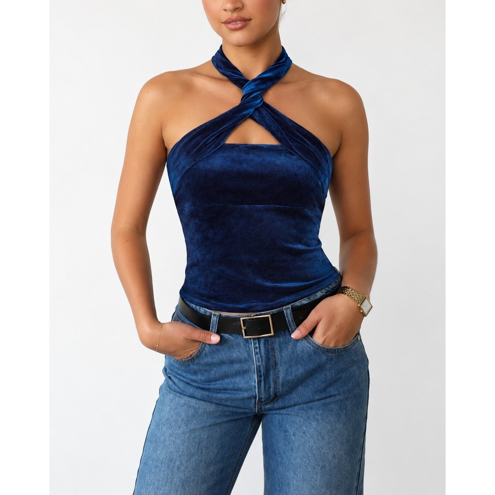 COMMENSE Velvet Zipper Halter Top Navy Blue - Size XL / NWT